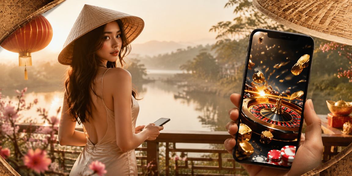 Người phụ nữ đội nón lá sử dụng điện thoại chơi casino tại Đà Lạt